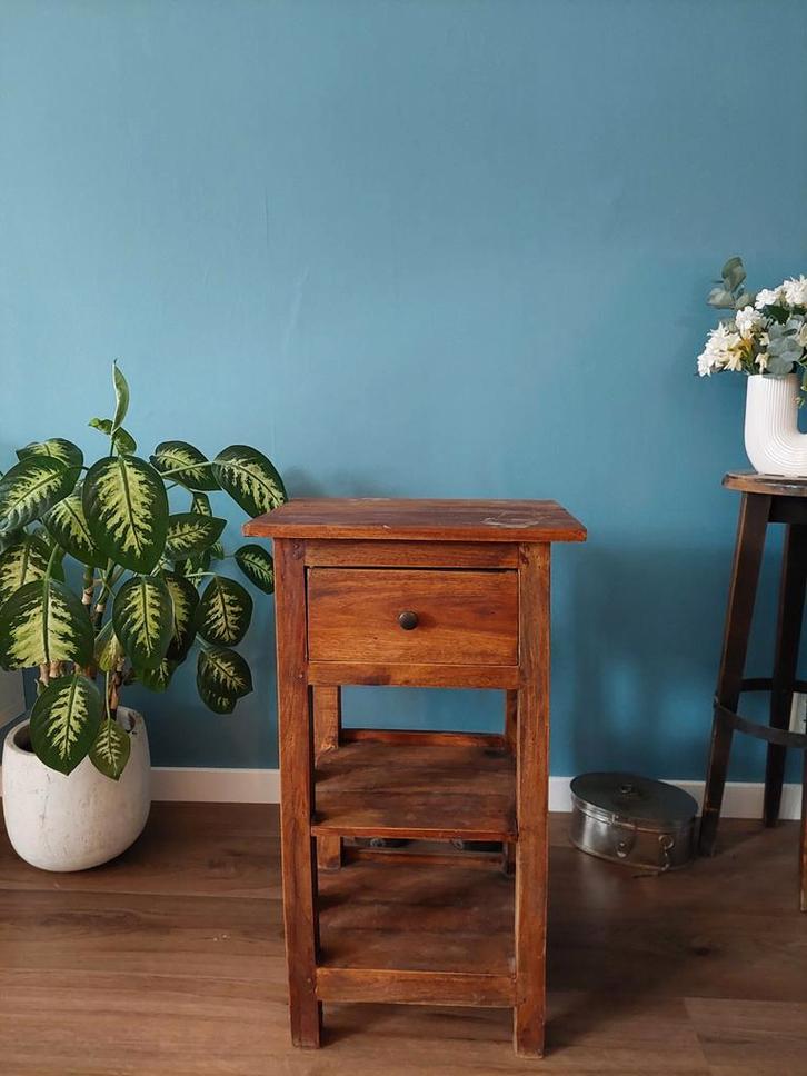 Houten Bijzettafel met Lade, Huis en Inrichting, Tafels | Bijzettafels, Gebruikt, Rechthoekig, 60 cm of meer, Minder dan 55 cm