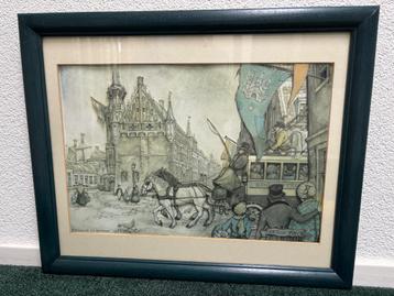 Anton Pieck schilderij: Drie D print stadhuis Kampen beschikbaar voor biedingen