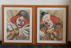 2 grote afbeeldingen van clowns in lijst met glas, Antiek en Kunst, Ophalen of Verzenden