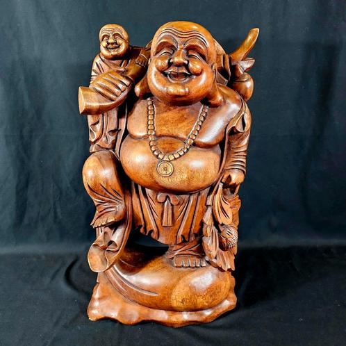 Houten Lachende Boeddha met Kind, Huis en Inrichting, Woonaccessoires | Boeddhabeelden, Zo goed als nieuw, Ophalen of Verzenden