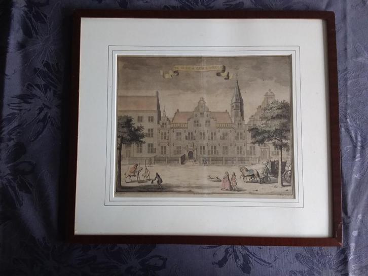 Oude gekleurde prent of pentekening in lijst G van Giessen, Antiek en Kunst, Kunst | Tekeningen en Foto's, Ophalen