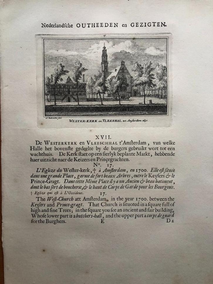 017 / Amsterdam Westerkerk en Vleeshal Kopergravure 1725, Antiek en Kunst, Kunst | Etsen en Gravures, Ophalen of Verzenden
