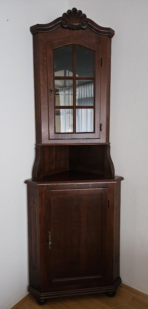 Hoekvitrinekast hout met verlichting, Huis en Inrichting, Kasten | Vitrinekasten, Gebruikt, 200 cm of meer, 50 tot 100 cm, 25 tot 50 cm