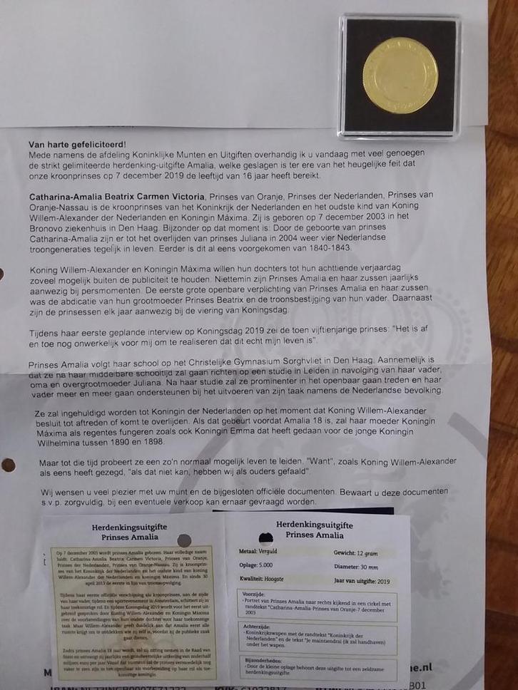 Amalia Herdenkingsmunt 2019, Postzegels en Munten, Munten | Nederland, Losse munt, Overige waardes, Goud, Ophalen of Verzenden