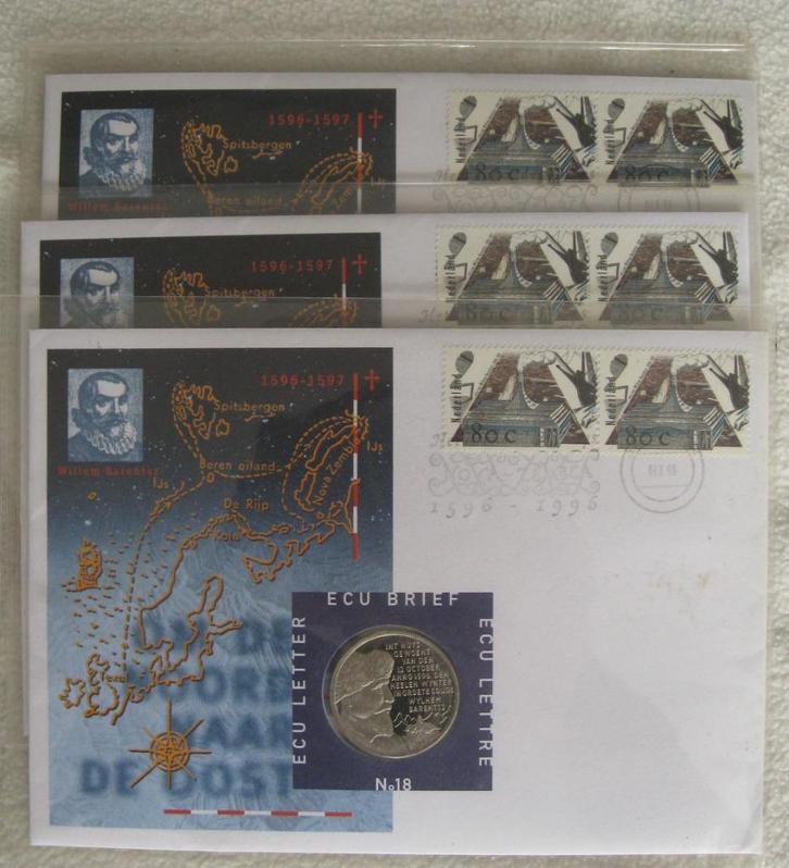 Ecu brief nr. 18 Willem Barentsz Ontdekkingsreizen 2 stuks, Postzegels en Munten, Penningen en Medailles, Overige materialen, Ophalen of Verzenden