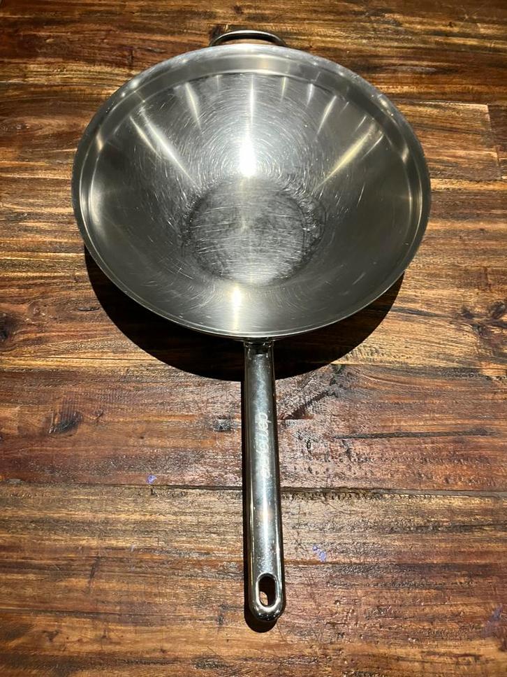 Wokpan Demeyere 34 cm inox, Huis en Inrichting, Keuken | Potten en Pannen, Zo goed als nieuw, Wok, Rvs, Inductieplaat, Keramische plaat