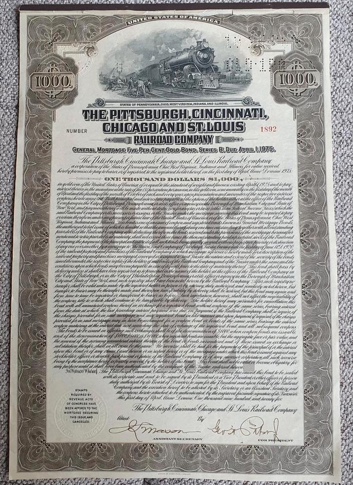 Oude Aandeel Pittsburgh Cincinnati Railroad, Postzegels en Munten, Aandelen en Waardepapieren, Obligatie of Lening, Voor 1920