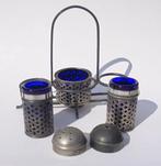 Zilveren peper, zout en mosterd stel met kobalt blauw glazen, Antiek en Kunst, Ophalen of Verzenden, Zilver