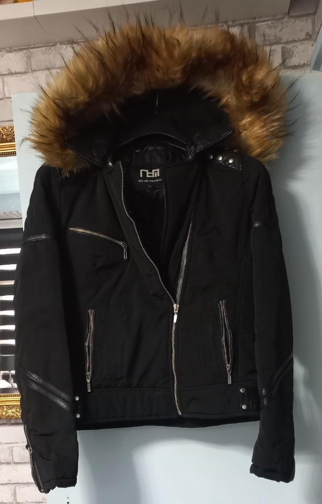 Stoer jack met echt leer en nep bont kraag, Kleding | Dames, Jassen | Winter, Zo goed als nieuw, Maat 42/44 (L), Zwart, Ophalen of Verzenden