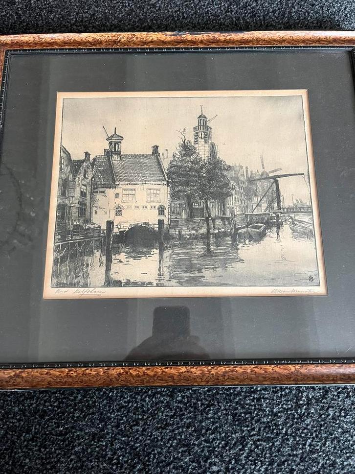 Oud Delfshaven ets AW van Munster, Antiek en Kunst, Kunst | Tekeningen en Foto's, Ophalen of Verzenden