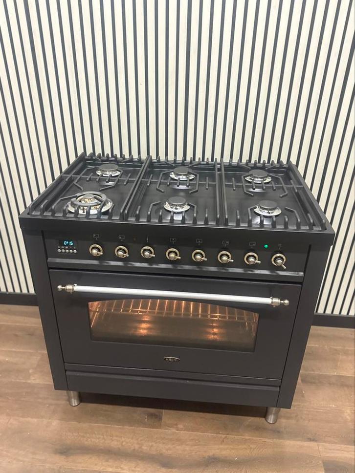 Luxe Boretti 6 pits Fornuis antraciet 90 cm, Witgoed en Apparatuur, Fornuizen, Zo goed als nieuw, Vrijstaand, Gas, 5 kookzones of meer