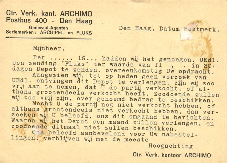 Ctr. Verk. kant. ARCHIMO, Den Haag - 04.1946 - drukwerk, Postzegels en Munten, Brieven en Enveloppen | Nederland, Briefkaart, Ophalen of Verzenden