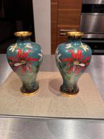 Set Blauwe Cloisonné-vazen met rode bloem (19 cm), Antiek en Kunst, Antiek | Vazen, Ophalen of Verzenden