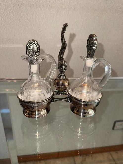 Antiek kristallen olie- en azijnstel met verzilverde houder, Antiek en Kunst, Antiek | Glas en Kristal, Ophalen of Verzenden