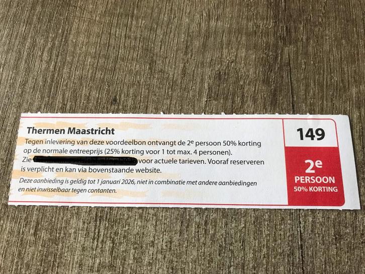 2e persoon 50% korting Thermen Maastricht bon nr. 149, Tickets en Kaartjes, Kortingen en Cadeaubonnen, Drie personen of meer, Spa of Sauna