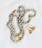 Parelketting, Armband, Oorbellen van Grijze Akoya Parels 14K, Ophalen of Verzenden, Nieuw, Goud