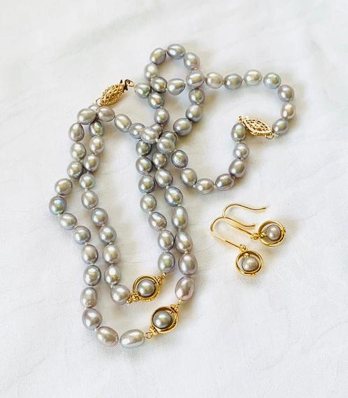 Parelketting, Armband, Oorbellen van Grijze Akoya Parels 14K, Sieraden, Tassen en Uiterlijk, Kettingen, Nieuw, Goud, Ophalen of Verzenden