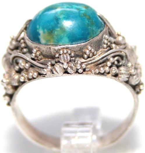 Schitterende Bewerkte 950 Zilver Ring Met Eilatsteen, Sieraden, Tassen en Uiterlijk, Antieke sieraden, Ring, Zilver, Met edelsteen