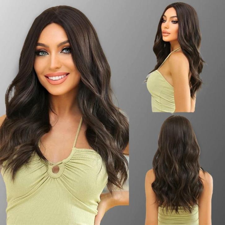 Pruik lang medium bruin haar in laagjes met slagen, Sieraden, Tassen en Uiterlijk, Uiterlijk | Haarverzorging, Nieuw, Pruik of Haarverlenging