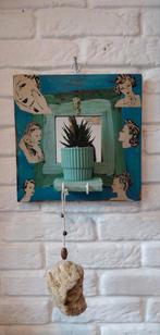 Vintage Zeeblauw Rekje met Spiegel & Prenten '48, Minder dan 50 cm, Gebruikt, Vierkant, Ophalen of Verzenden