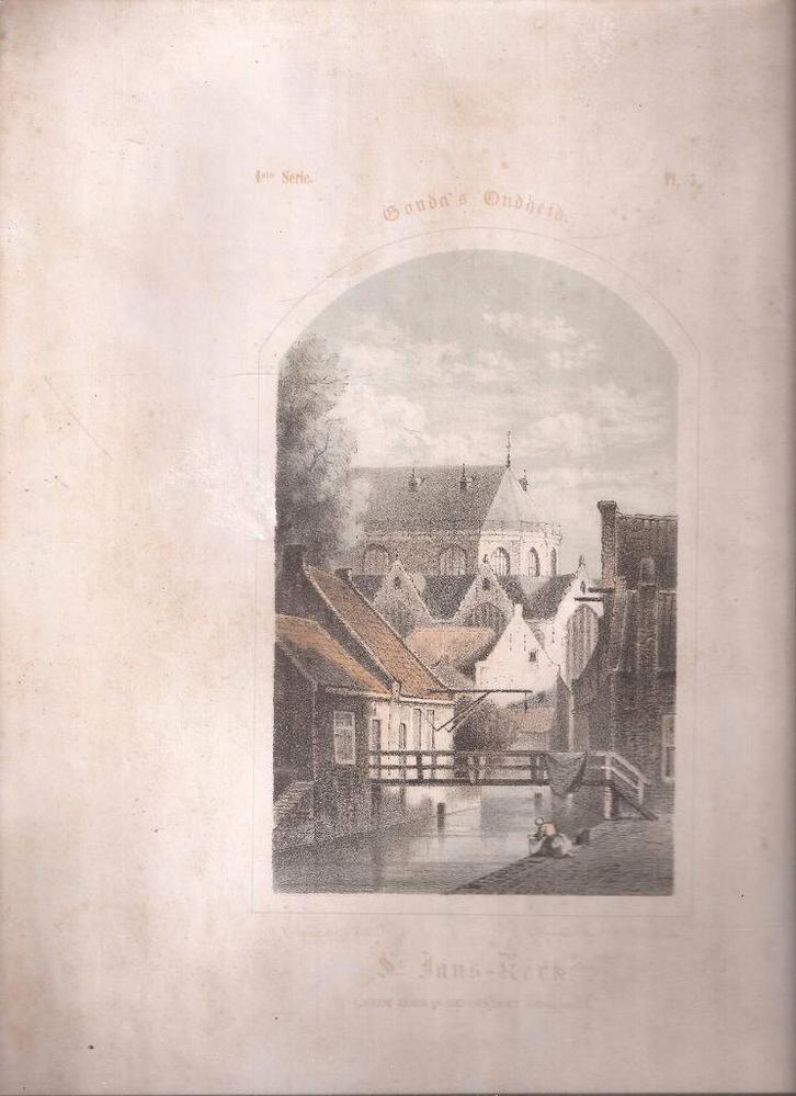 Gouda St. Jans - Kerk Litho G.J. Verspuy 1859, Antiek en Kunst, Kunst | Etsen en Gravures, Ophalen of Verzenden