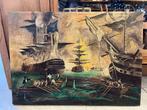 Vintage schilderij: boten, zeeslag, Antiek en Kunst, Kunst | Schilderijen | Klassiek, Ophalen