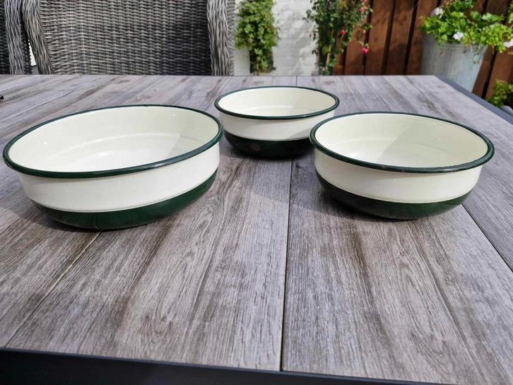 3 Oude emaille schalen,groen+creme,KAT emaille,2-kleurig, Antiek en Kunst, Antiek | Emaille, Ophalen of Verzenden