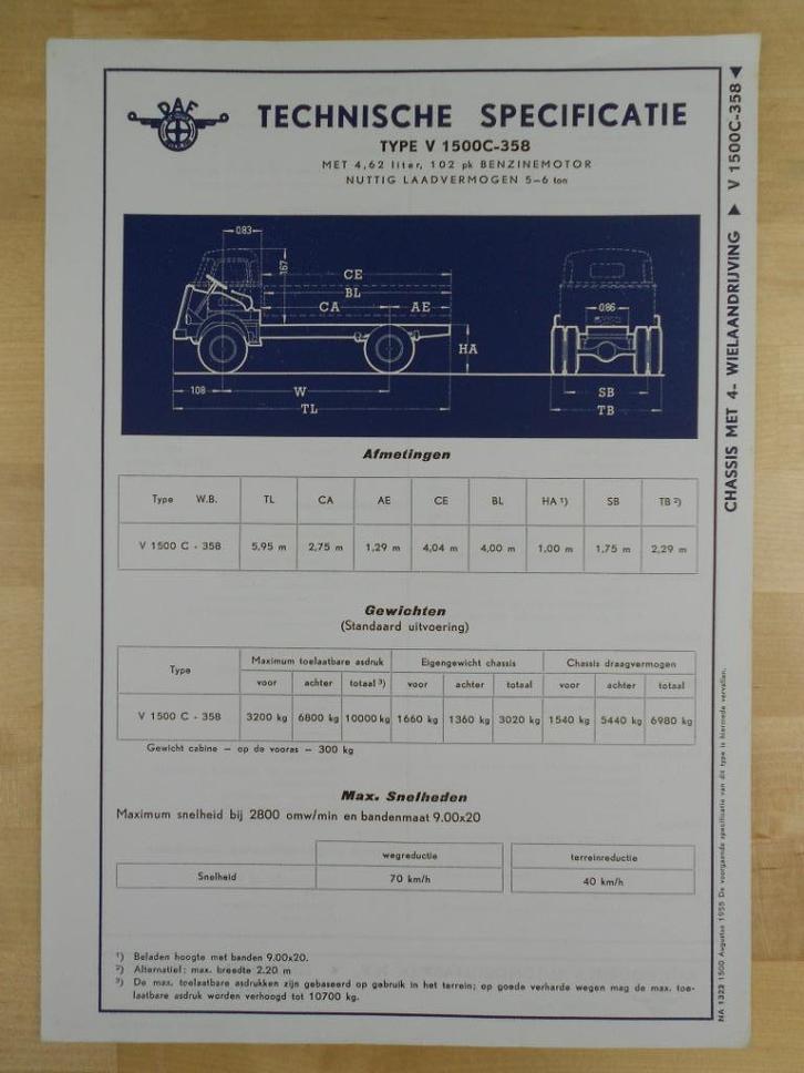 DAF V 1500 C Technische Specificatie folder 1955 V1500, Boeken, Auto's | Folders en Tijdschriften, Zo goed als nieuw, Overige merken