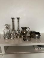 Zilver tin kandelaars, karaf, glazen, theelichten etc, Antiek en Kunst, Ophalen of Verzenden