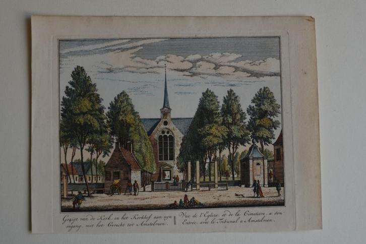 AMSTELVEEN KERK Handgekleurde kopergravure 1727 Schenk E50, Antiek en Kunst, Kunst | Etsen en Gravures, Verzenden