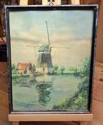 Oude prent, aquarel molen met eenden., Ophalen of Verzenden