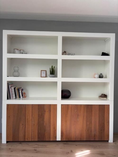 Massief eikenhouten vakkenkast handgemaakt wit/ eikenkleur, Huis en Inrichting, Kasten | Wandmeubels, Gebruikt, 200 cm of meer