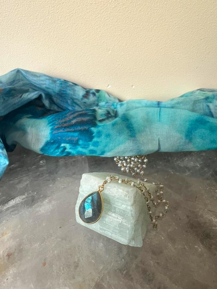 Labradoriet facet hanger & zoetwater parel ketting uniek TIP, Sieraden, Tassen en Uiterlijk, Kettingen, Nieuw, Zilver, Met edelsteen