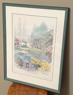Ingelijst aquarelschilderij van M. Marten, Vijver en Bomen, Oorspronkelijke maker, Ophalen of Verzenden, Zo goed als nieuw, Schilderij