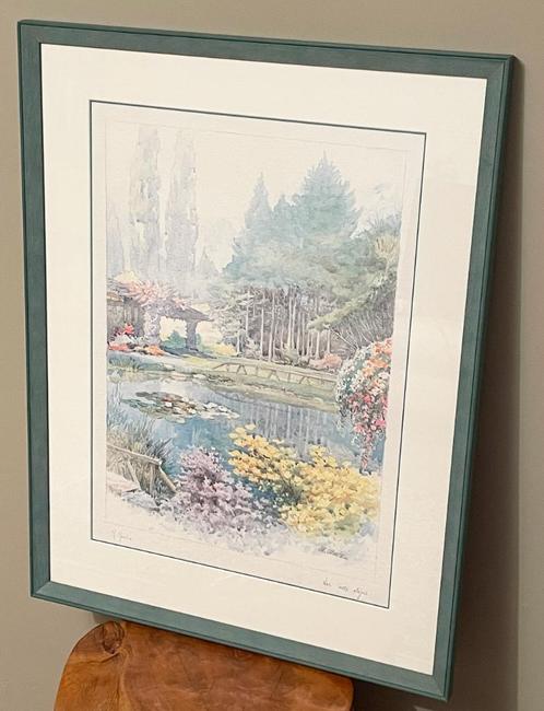 Ingelijst aquarelschilderij van M. Marten, Vijver en Bomen, Huis en Inrichting, Woonaccessoires | Schilderijen, Tekeningen en Foto's