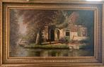Oud schilderij van een landschap olieverf met oude lijst, Antiek en Kunst, Ophalen of Verzenden