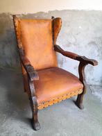 Vintage Fauteuil leer met hout, Gebruikt, Minder dan 75 cm, Hout, Ophalen of Verzenden