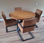Eethoek: Ronde tafel 120cm + 4 stoelen (cognac), Huis en Inrichting, Complete eetkamers, Ophalen, Gebruikt, Industrieel, 4 tot 6 stoelen