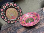 India bord en schaal koper handwerk Indiase beschilderd, Overige materialen, Verburgt Vintage, Schaal, Rond
