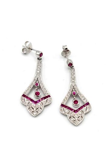 14 kt witgouden oorhangers art deco stijl met diamant robijn beschikbaar voor biedingen