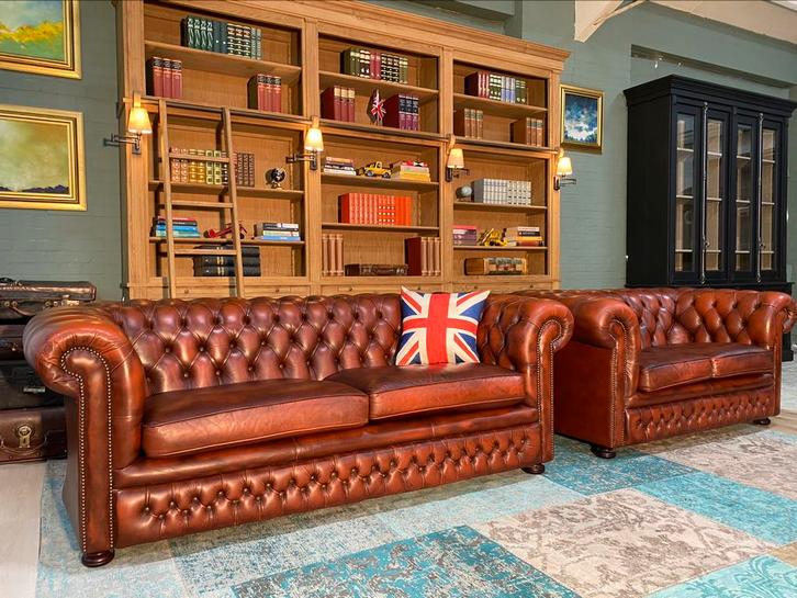 Gave Springvale Chesterfield 3+2 bankstel roodbruin, Huis en Inrichting, Banken | Voetenbanken en Poefen, Gebruikt, 125 cm of meer