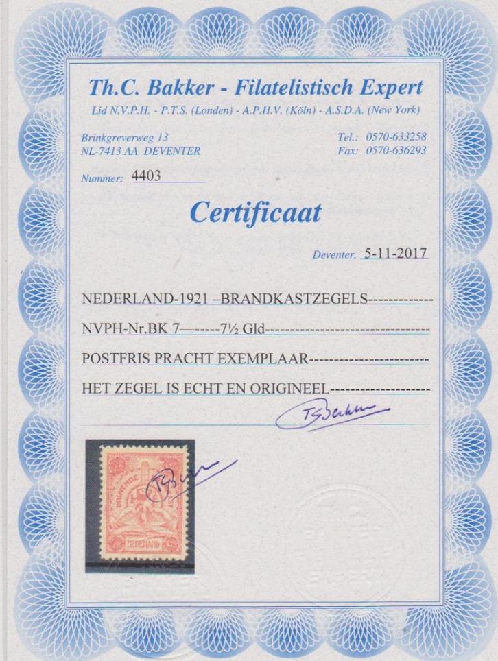 Brandkast zegel 7 PF CERTIFICAAT ; OOK ROLTANDING + TELEGRAM, Postzegels en Munten, Postzegels | Nederland, Postfris, T/m 1940