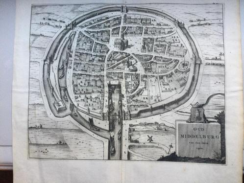 Zeeland, de stad Middelburg 1400, Stadsplattegrond, 1696, Antiek en Kunst, Kunst | Etsen en Gravures, Verzenden