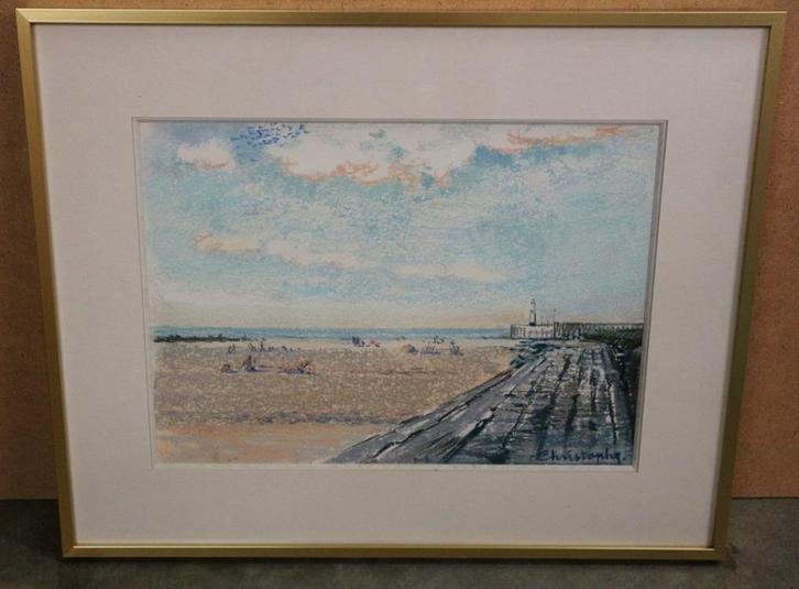 Fernande CHRISTOPHE, bij de pier, Antiek en Kunst, Kunst | Schilderijen | Klassiek, Ophalen of Verzenden