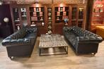 Twee orginele chesterfield banken vintage zwart leer, Ophalen, 100 tot 125 cm, Info@chesterfieldjunkie.nl, Zo goed als nieuw