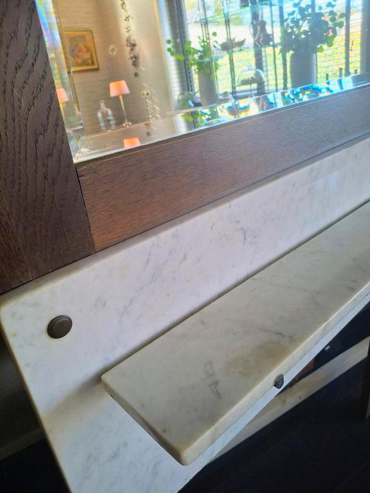 Antieke kaptafel spiegel met marmeren plaat en planchet, Antiek en Kunst, Curiosa en Brocante, Ophalen of Verzenden