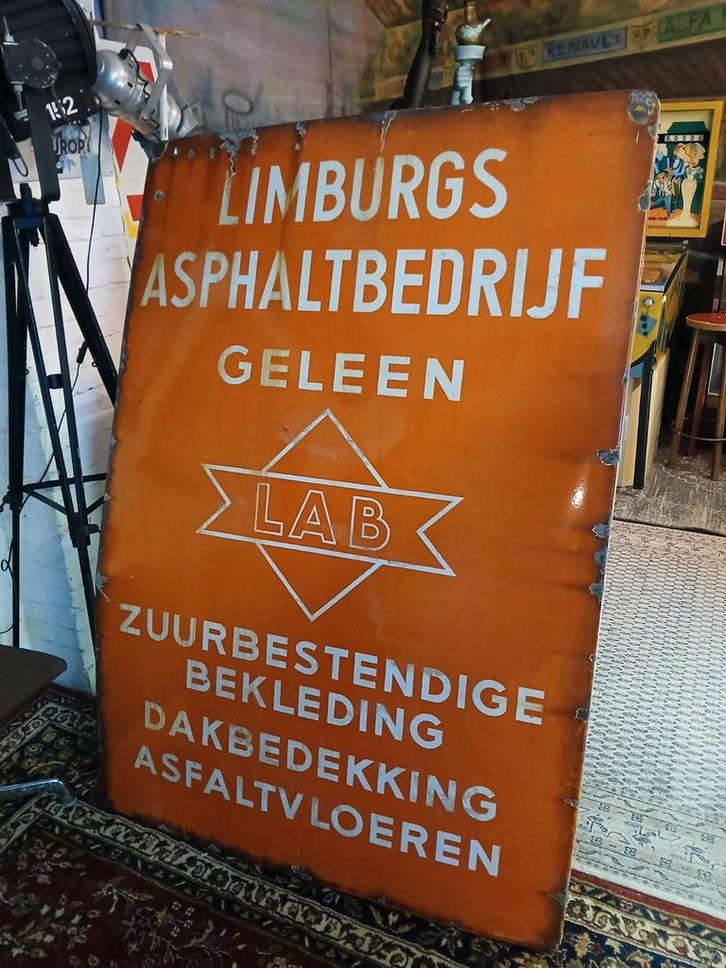 Uniek Emaillebord limburgs asphaltbedrijf geleen LAB, Verzamelen, Merken en Reclamevoorwerpen, Gebruikt, Reclamebord, Ophalen