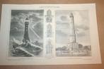 Antieke prent - Vuurtorens - Circa 1885 !!, Verzamelen, Foto's en Prenten, Ophalen of Verzenden, Voor 1940, Gebruikt, Overige onderwerpen