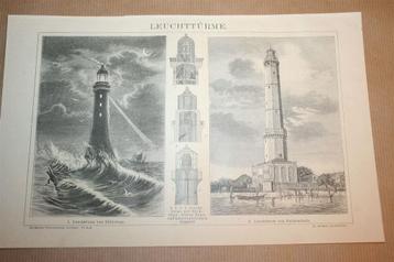 Antieke prent - Vuurtorens - Circa 1885 !! beschikbaar voor biedingen