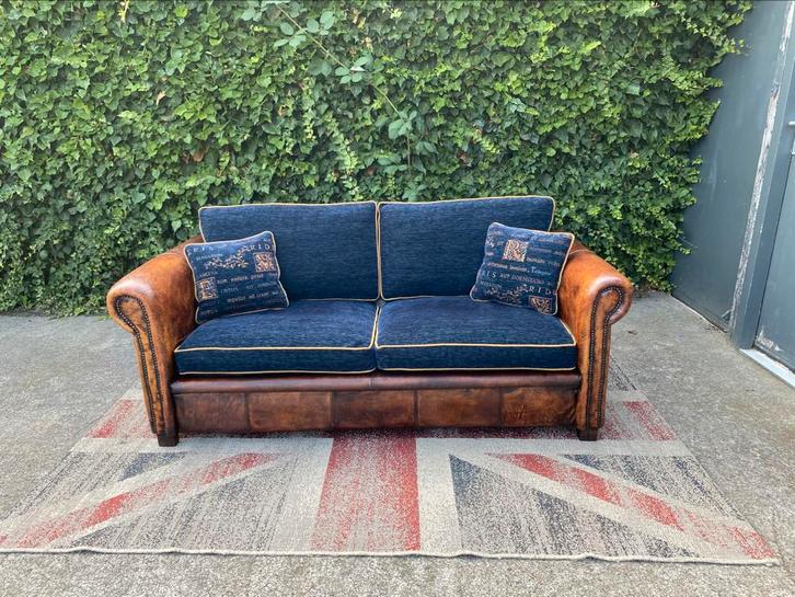 Schapen leren 2,5 zits bank met stoffen kussens !!!, Huis en Inrichting, Banken | Bankstellen, Gebruikt, Rechte bank, Tweepersoons